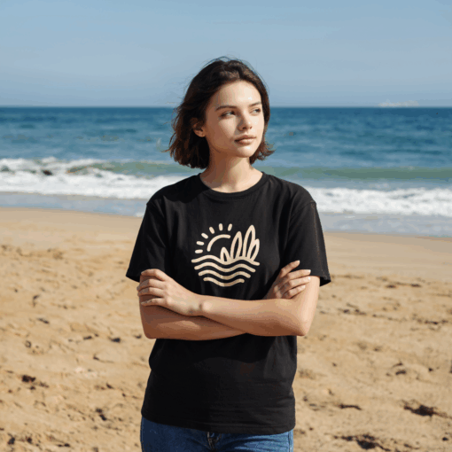 Abstract Waves & Sun Beach T-Shirt - Black - Image 2