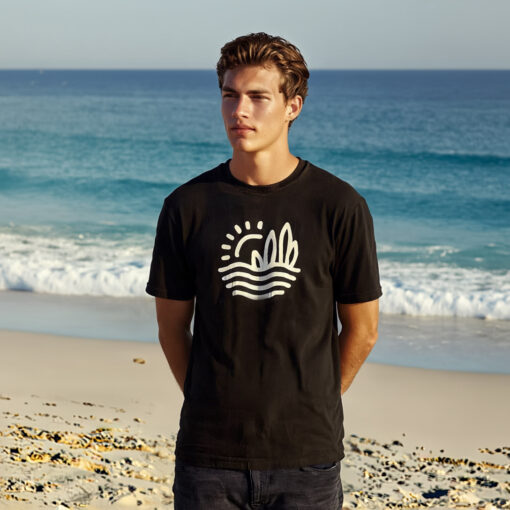 Abstract Waves & Sun Beach Mens T-Shirt - Black - Image 3