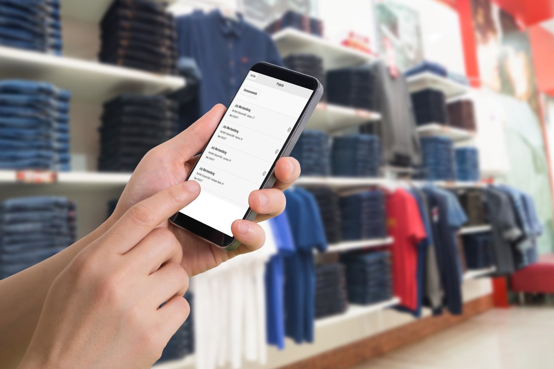 A field rep's phone open on a store visit, in a clothing store