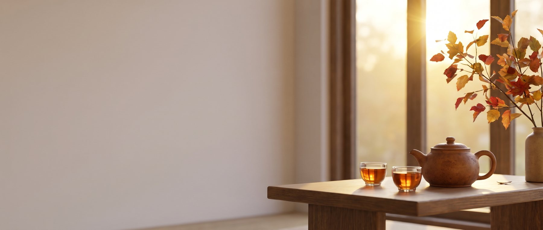 A teapot and two cups in afternoon light
