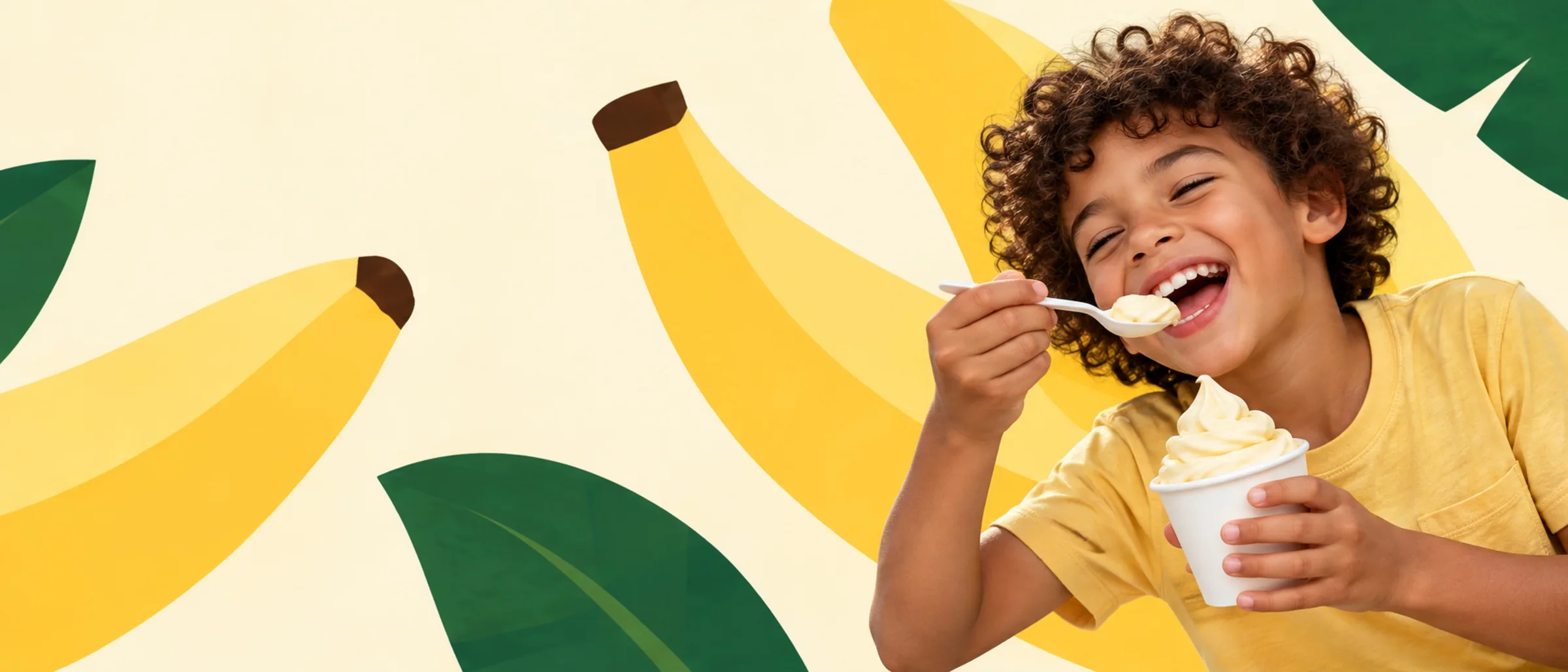 Someone enjoying a cup of Theo’s Banana frozen yogurt