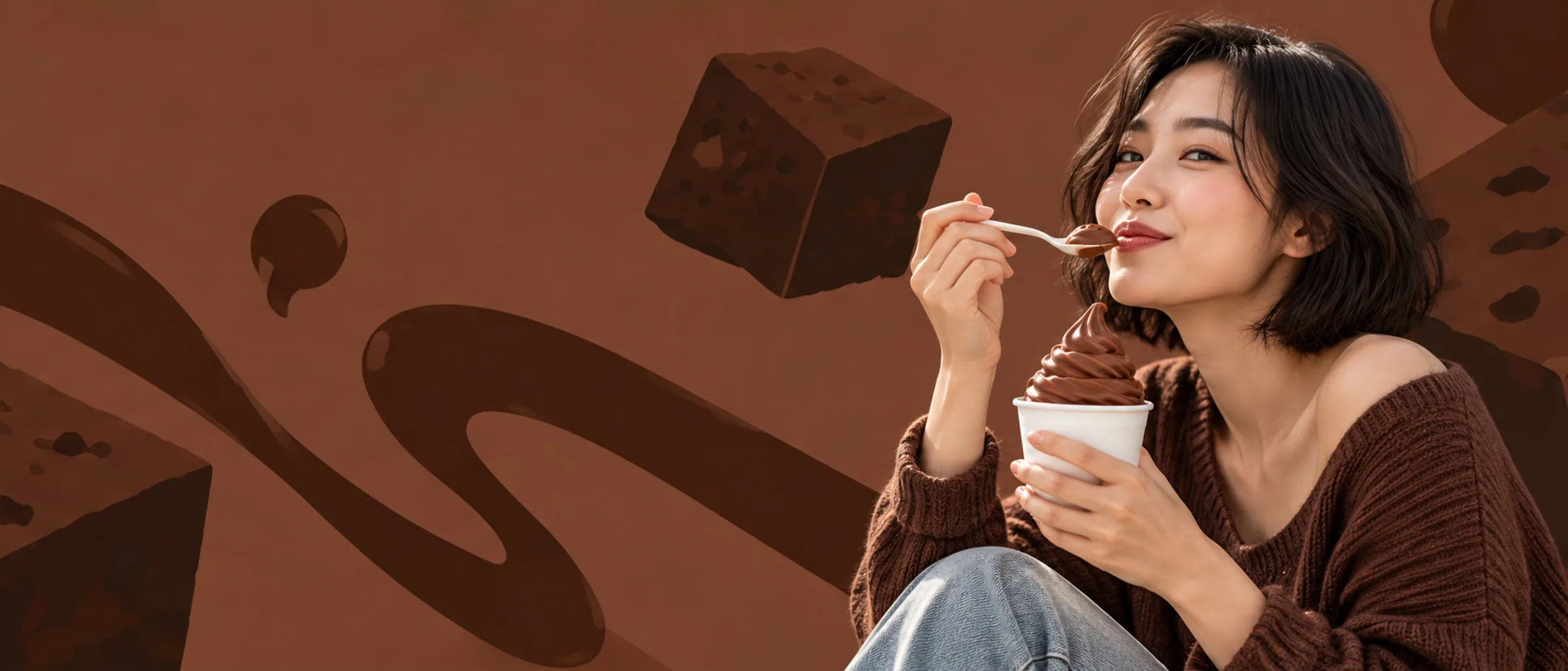 Someone enjoying a cup of Theo’s Brownie Batter frozen yogurt