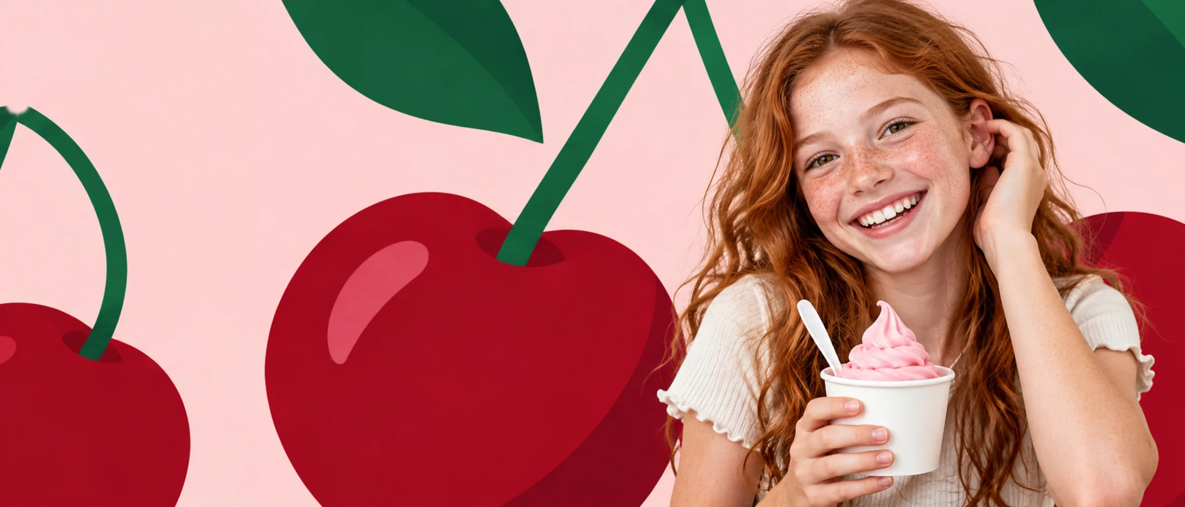 Someone enjoying a cup of Theo’s Cherry frozen yogurt