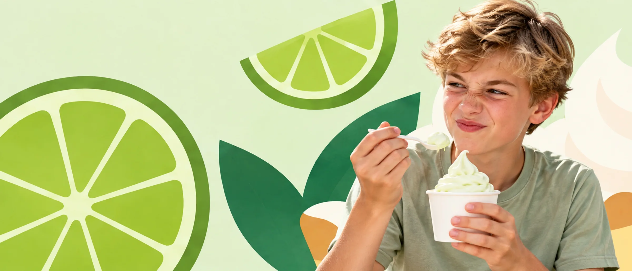Someone enjoying a cup of Theo’s Key Lime Pie frozen yogurt