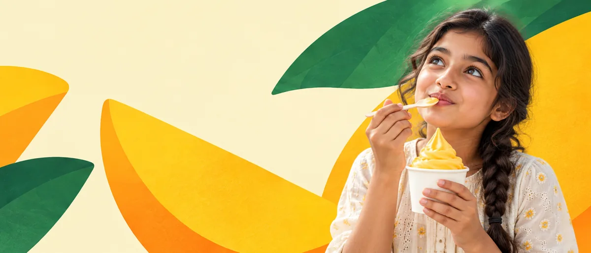 A girl with a braid savours a spoonful from a cup of mango frozen yogurt, among big painted mango slices and leaves