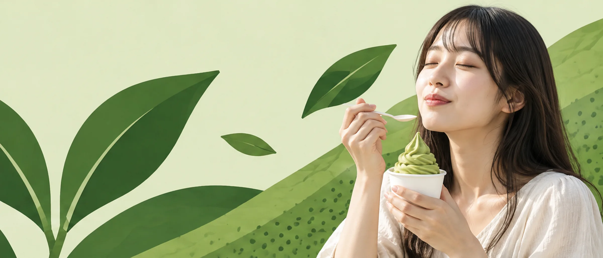 Someone enjoying a cup of Theo&rsquo;s Matcha frozen yogurt