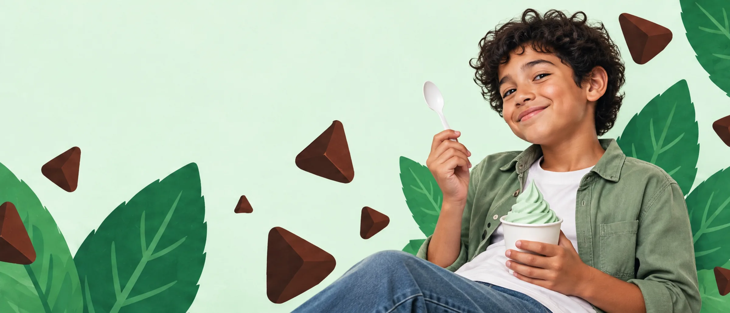 Someone enjoying a cup of Theo&rsquo;s Mint Chocolate Chip frozen yogurt
