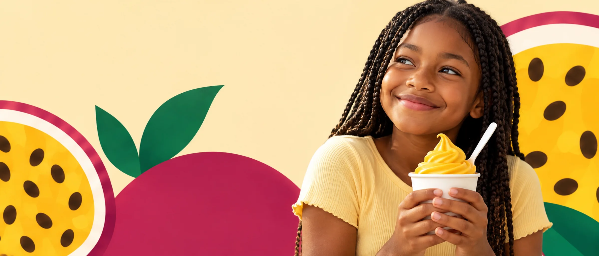Someone enjoying a cup of Theo&rsquo;s Passion Fruit frozen yogurt