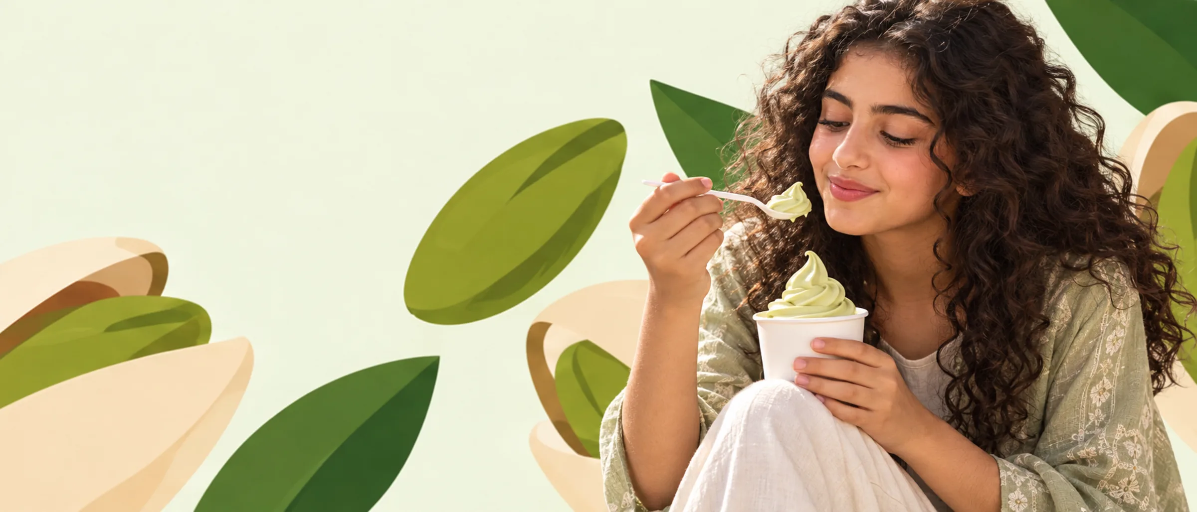 Someone enjoying a cup of Theo’s Pistachio frozen yogurt