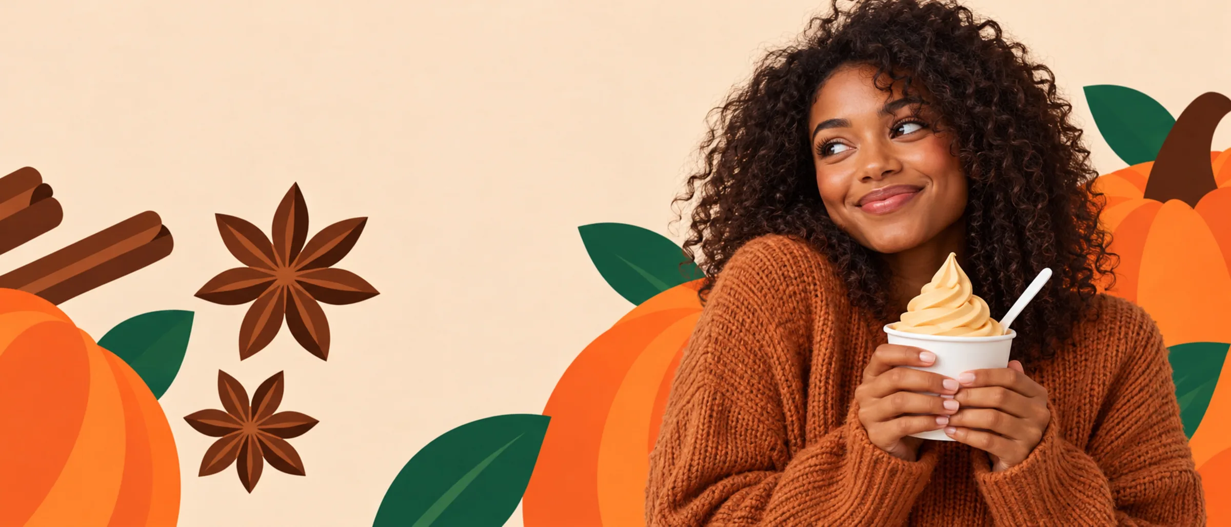 Someone enjoying a cup of Theo’s Pumpkin Spice frozen yogurt