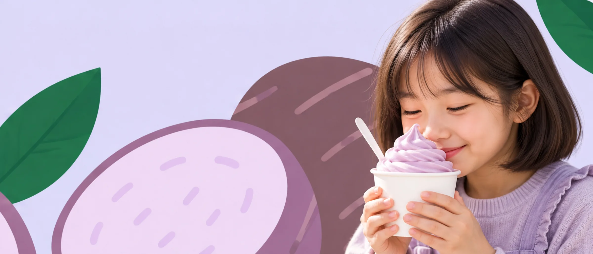 Someone enjoying a cup of Theo&rsquo;s Taro frozen yogurt
