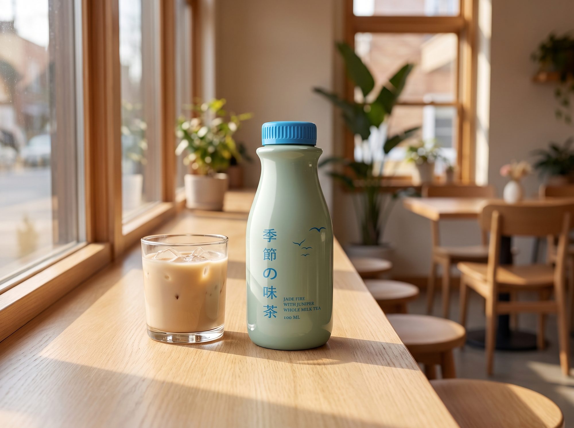 A sage Seasons bottle and a glass of milk tea on a café counter by the window