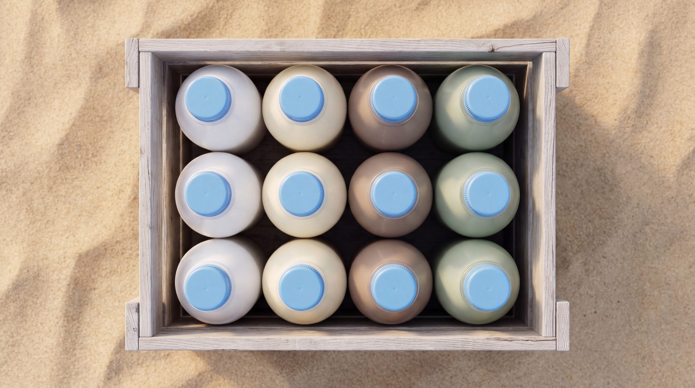A wooden crate of twelve bottles seen from above, sky-blue caps in four colours of bottle