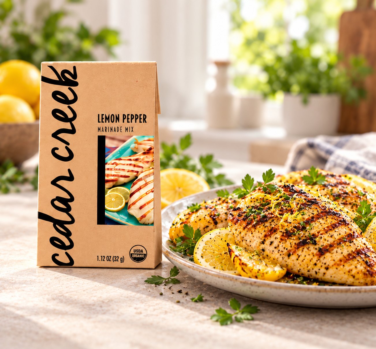 A Lemon Pepper pack beside a platter of peppered grilled chicken with lemons
