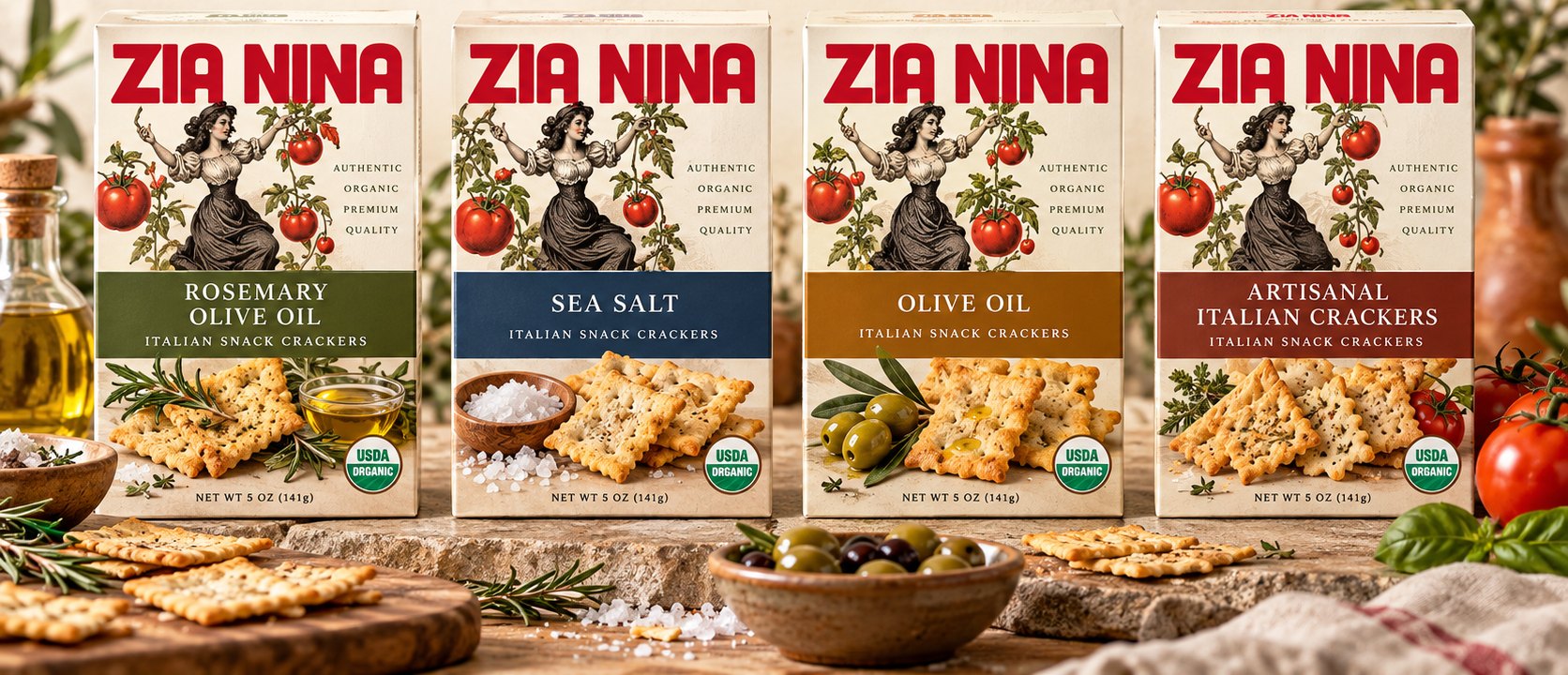 Four cartons of Zia Nina Italian snack crackers on stone with olives, rosemary and sea salt