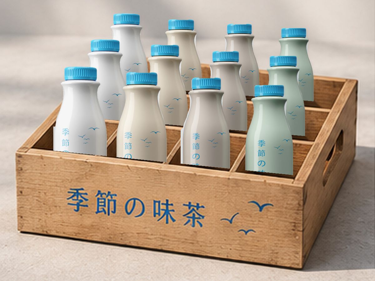 A wooden Seasons crate, printed 季節の味茶 with gulls, holding twelve bottles in four colours