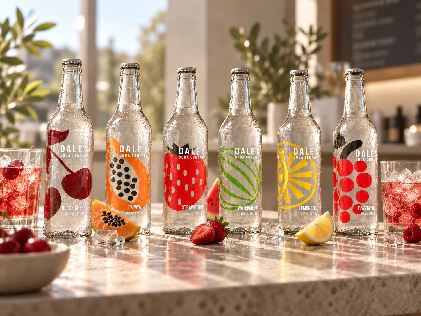 Six Dale's Soda Company glass bottles on a sunlit café counter