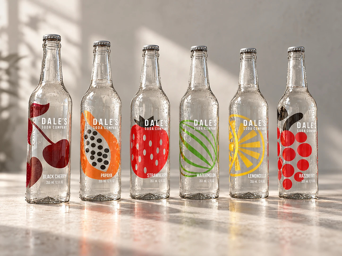 Six Dale’s glass bottles in a row on a sunlit floor