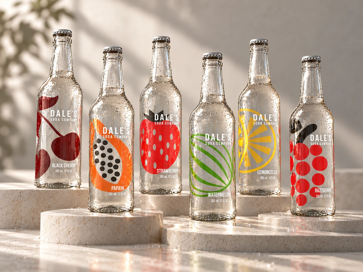 Six Dale’s glass bottles on stone plinths in the sun