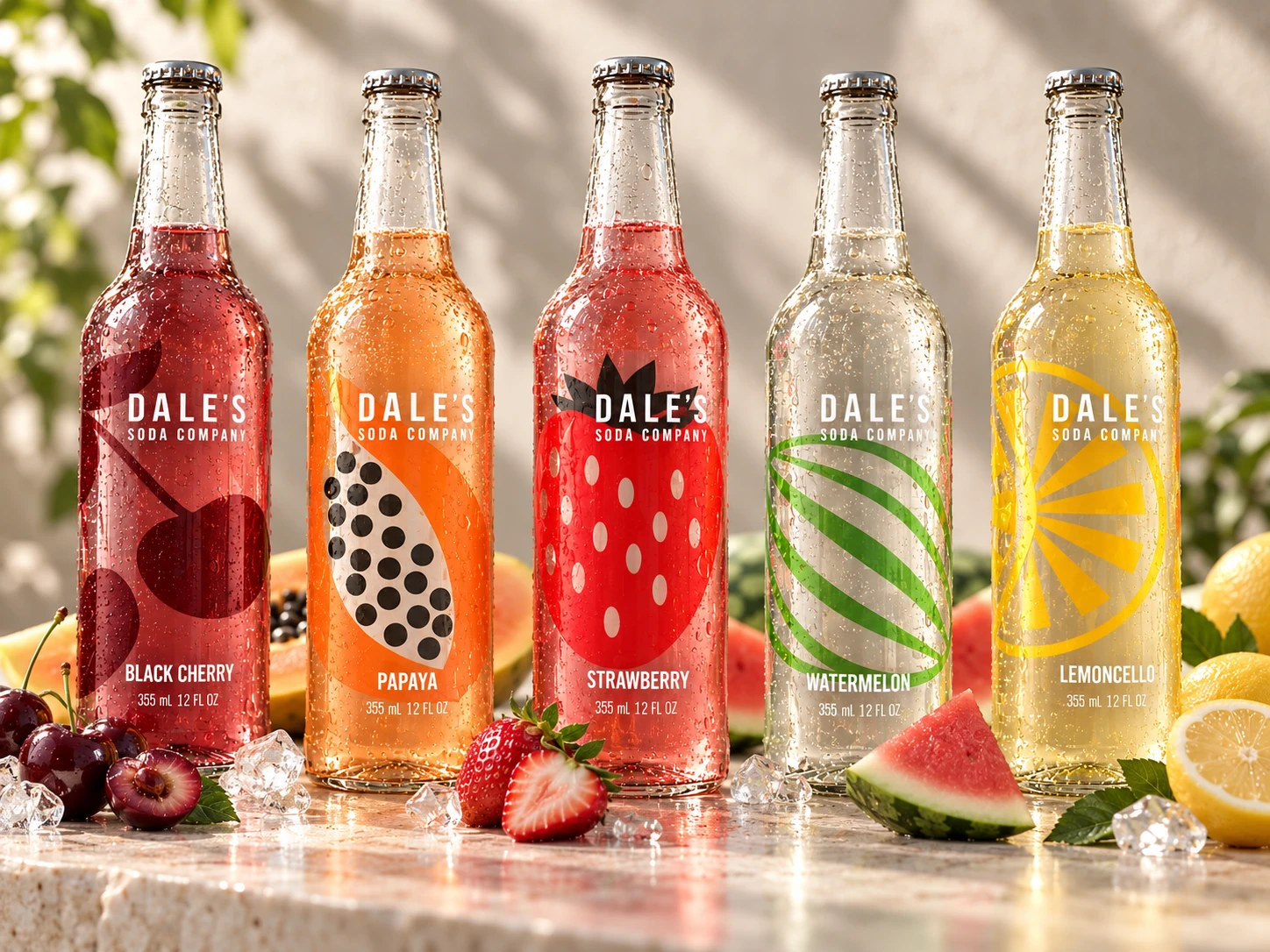 Five Dale’s Soda Company bottles, Black Cherry, Papaya, Strawberry, Watermelon and Lemoncello, on a sunlit counter with their fruit