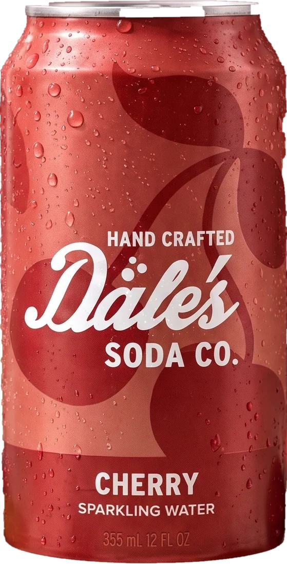 The Cherry can: dark red, a cherry silhouette, Dale's Soda Co. hand crafted sparkling water