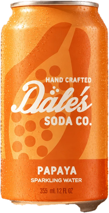 The Papaya can: orange, a papaya silhouette, Dale's Soda Co. hand crafted sparkling water
