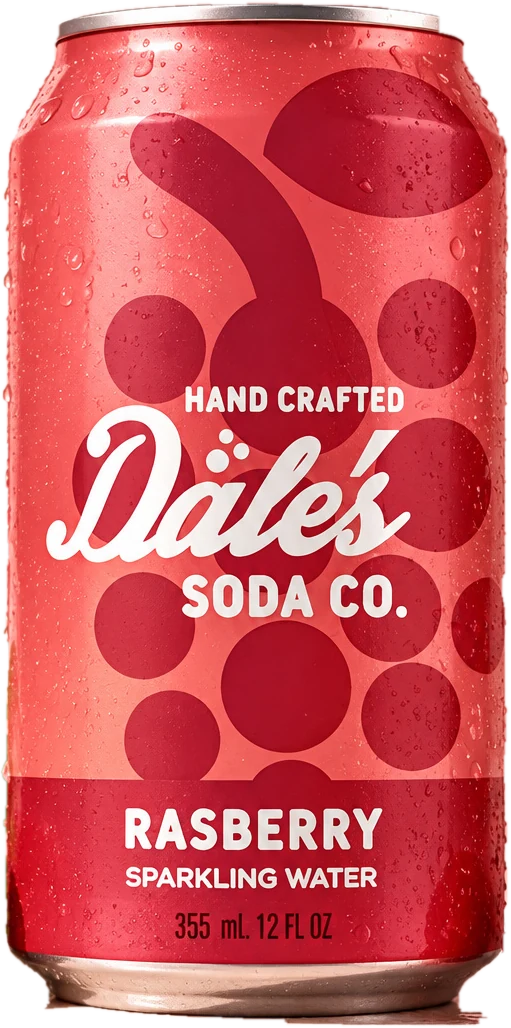 The Raspberry can: raspberry red, a raspberry silhouette, Dale's Soda Co. hand crafted sparkling water