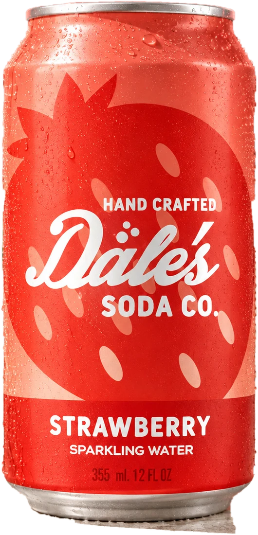The Strawberry can: red, a strawberry silhouette, Dale's Soda Co. hand crafted sparkling water