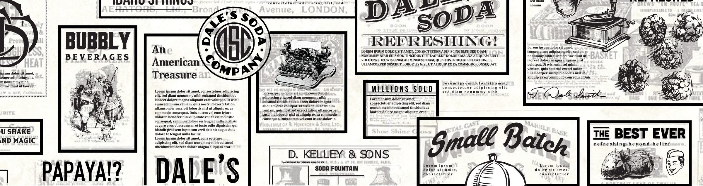Dale’s handbills in black ink: Bubbly Beverages, the Dale’s Soda Company seal, Dales Soda Refreshing, Small Batch and The Best Ever