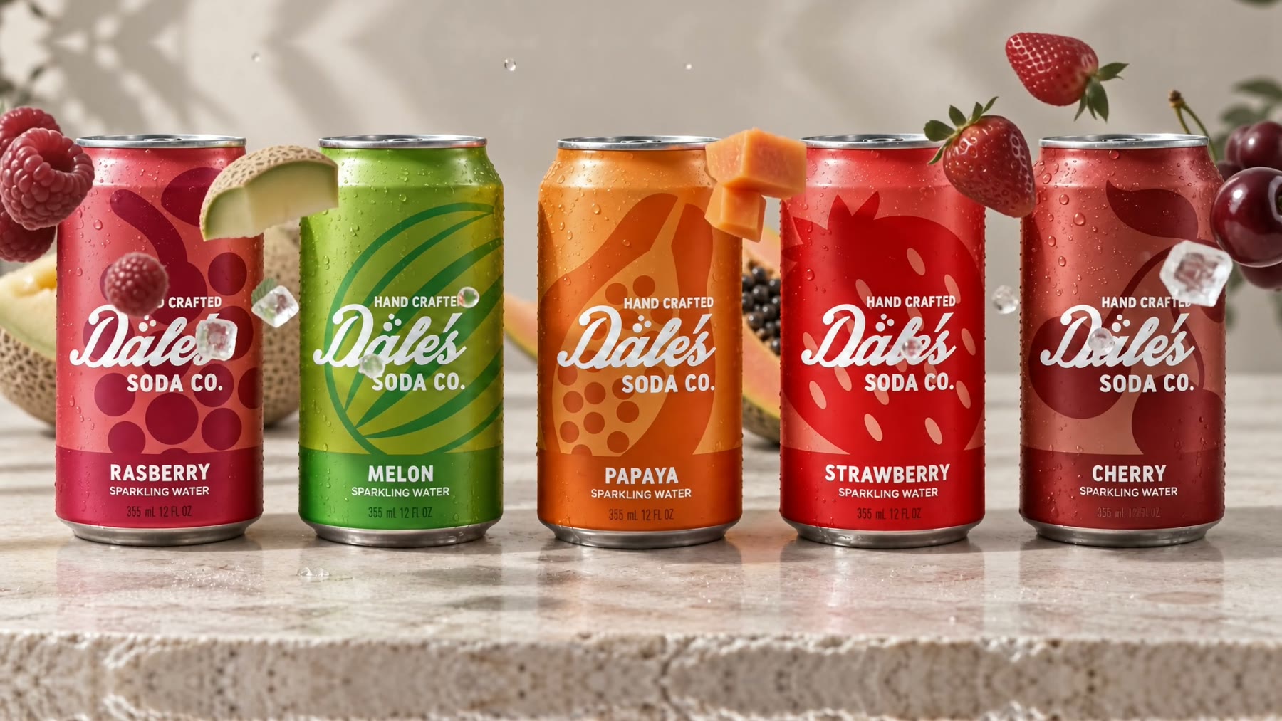 Five Dale’s Soda Co. sparkling water cans in a row on a travertine table: Raspberry, Melon, Papaya, Strawberry and Cherry, with their fruit