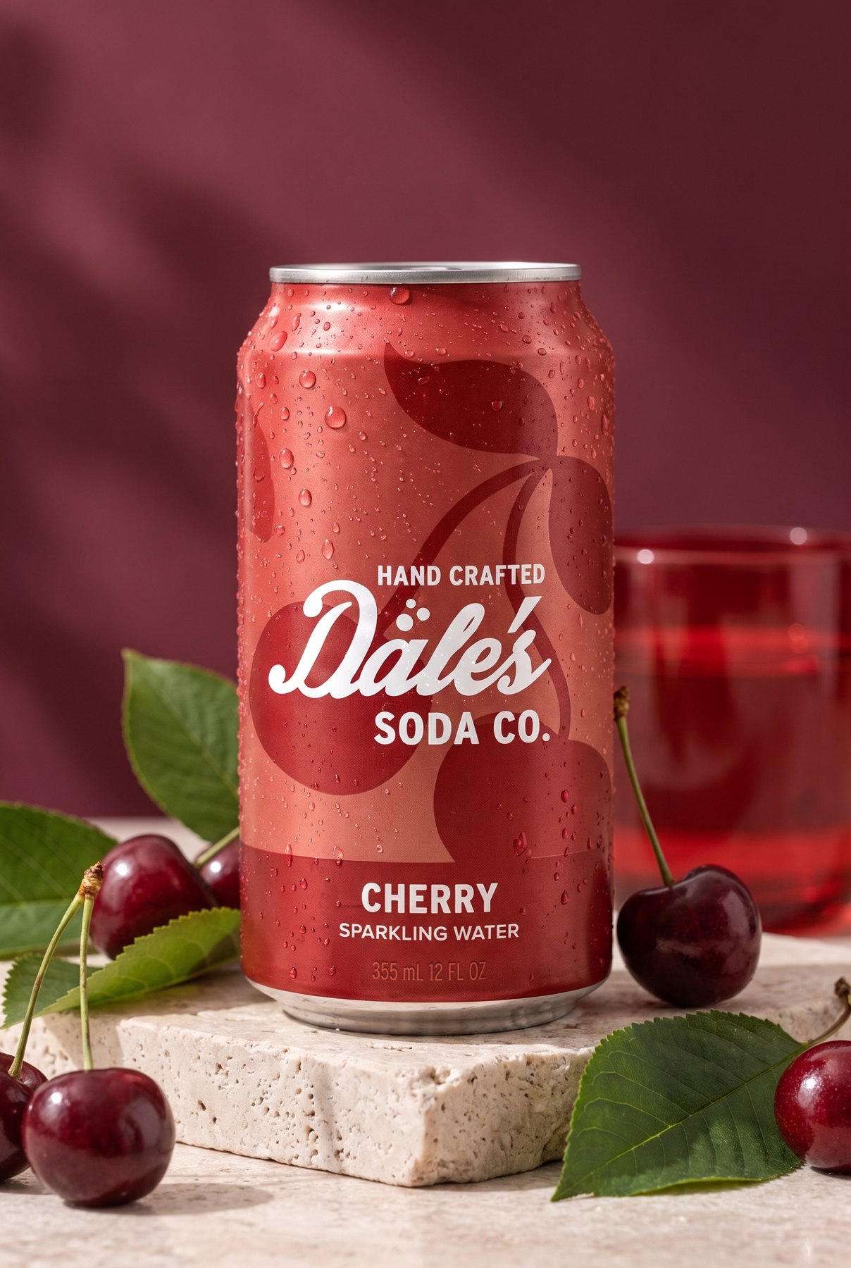 A Cherry can of Dale's Soda Co. sparkling water on travertine with fresh cherries