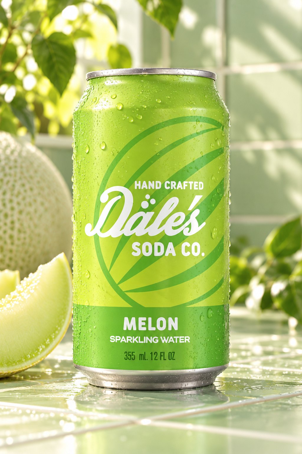 A Melon can of Dale's Soda Co. sparkling water on a green tiled counter with a cut honeydew melon and leaves