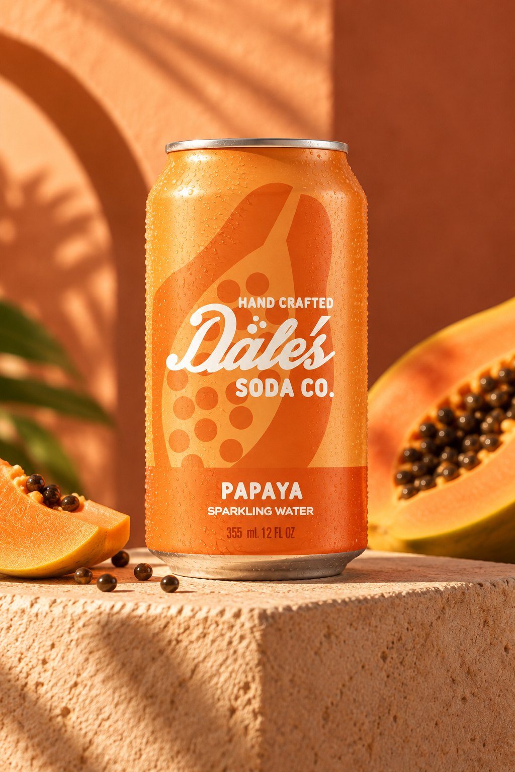 A Papaya can of Dale's Soda Co. sparkling water on a sandstone block with a halved papaya, terracotta wall behind
