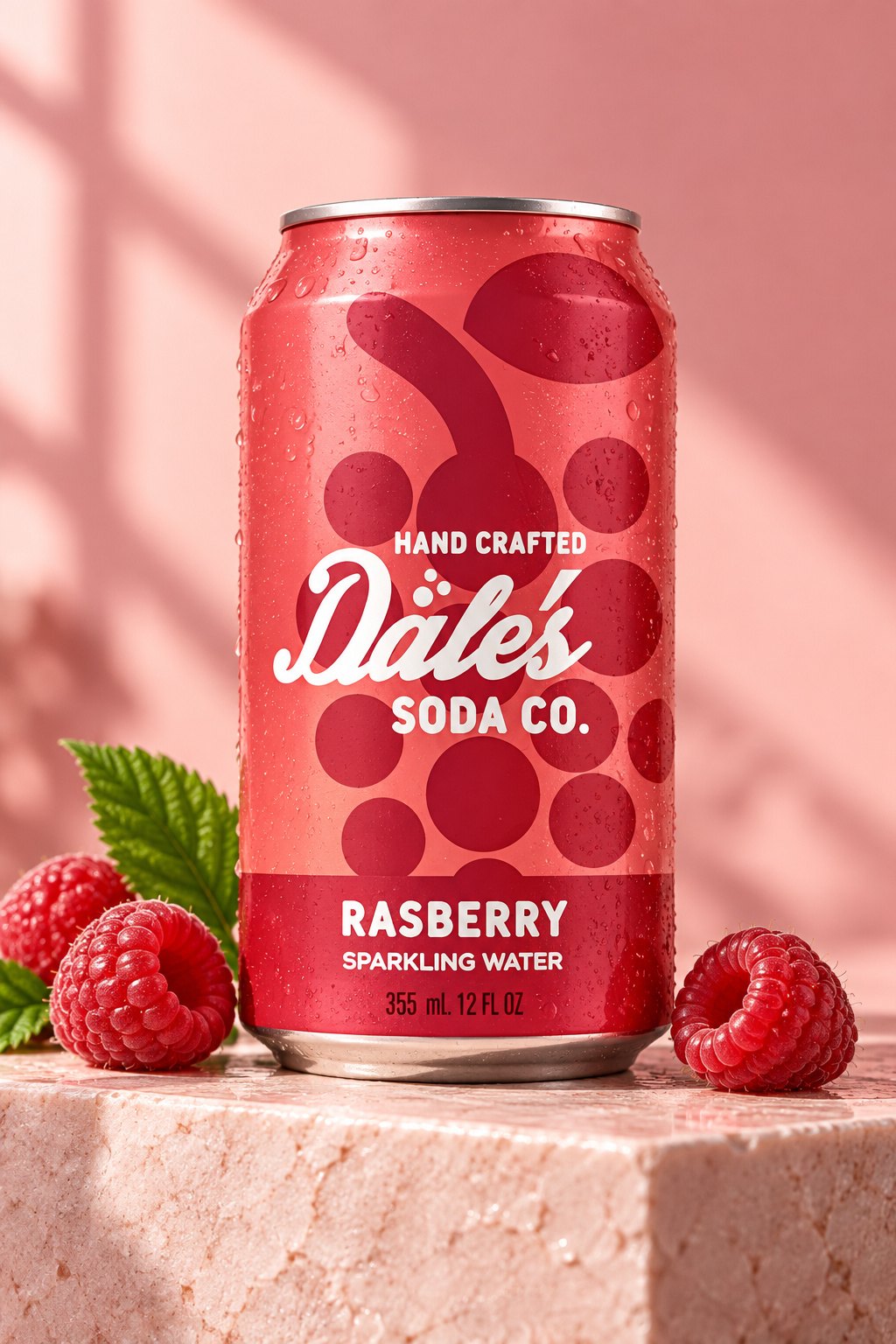 A Raspberry can of Dale's Soda Co. sparkling water on pink stone with fresh raspberries and a leaf