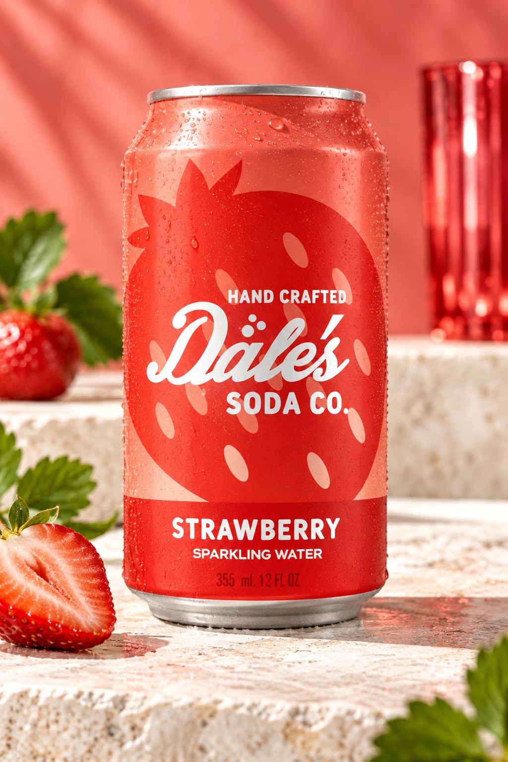 A Strawberry can of Dale's Soda Co. sparkling water on a travertine block with fresh strawberries, a red glass behind