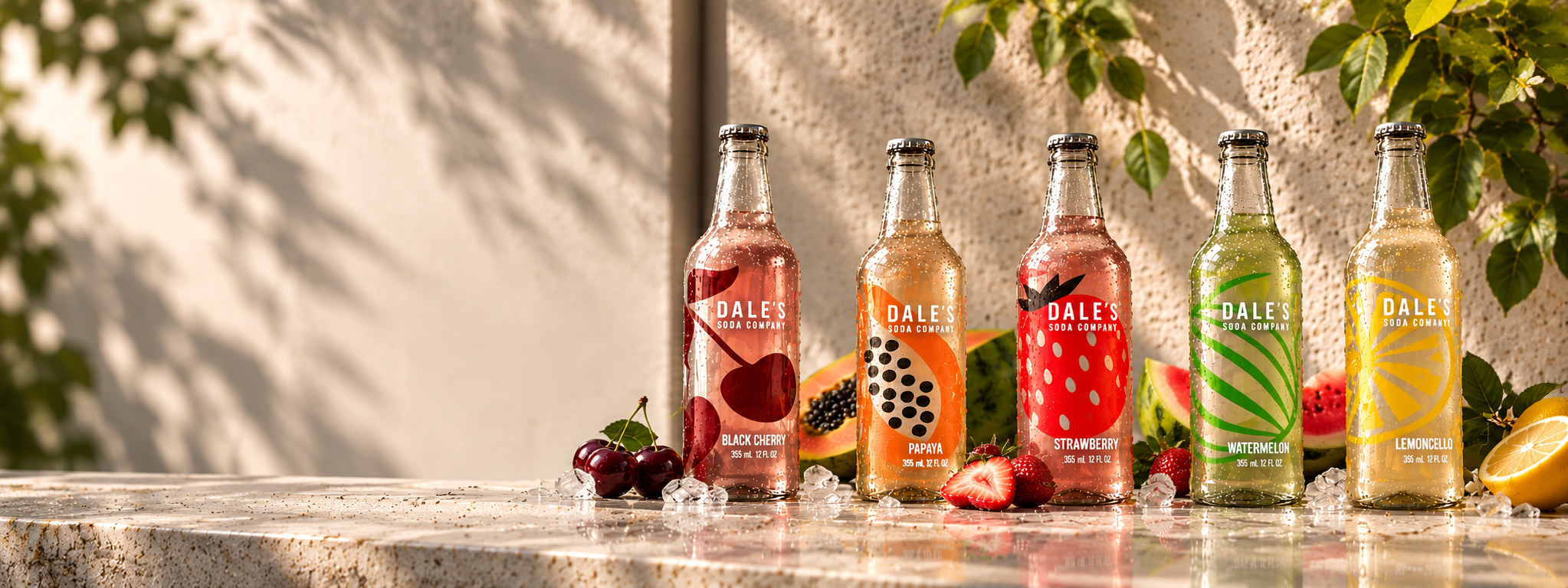 Five Dale’s Soda Company bottles, Black Cherry, Papaya, Strawberry, Watermelon and Lemoncello, on sunlit stone with their fruit
