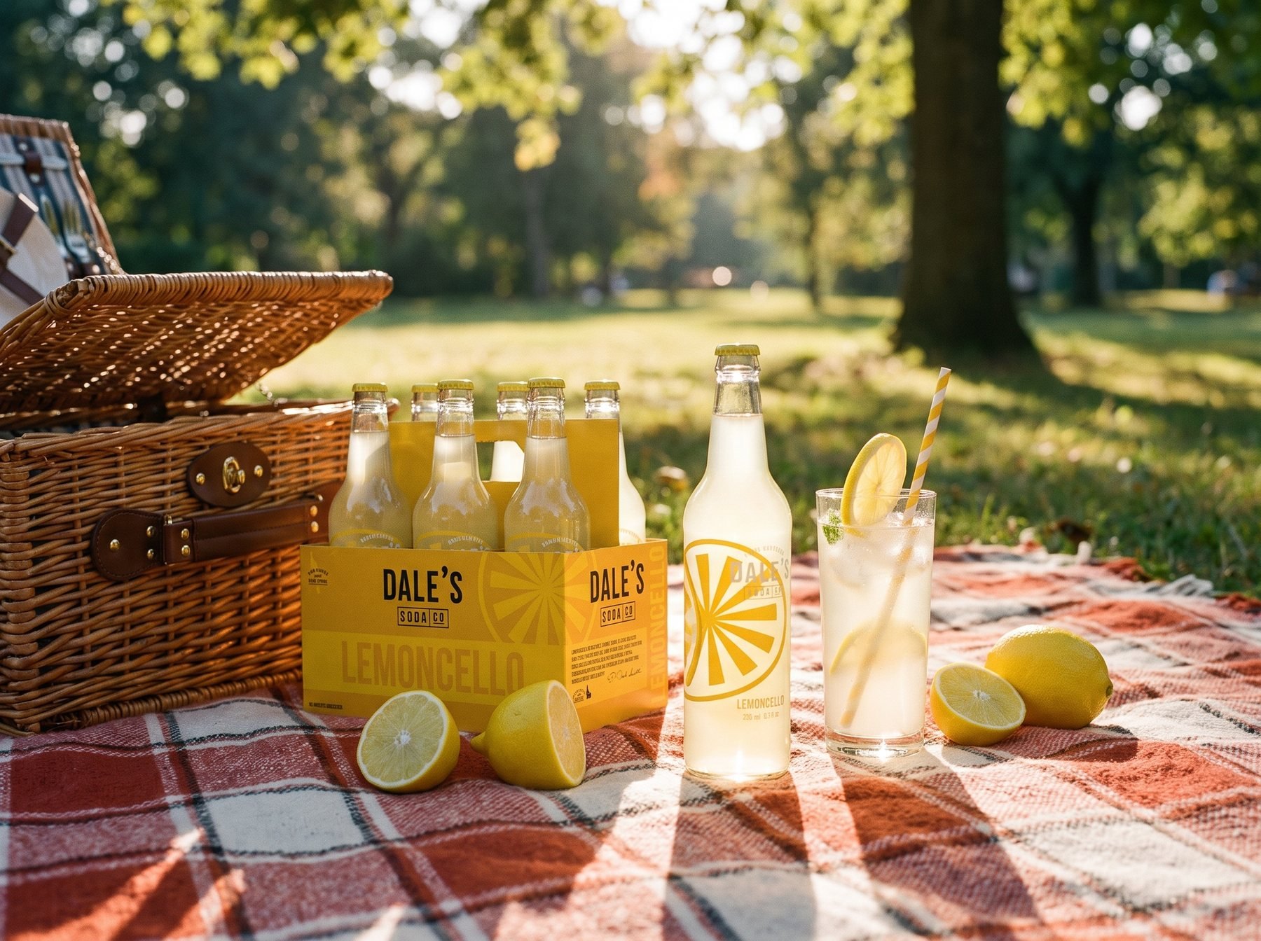 A Dale’s Lemoncello six-pack and bottles on a picnic blanket in the sun, with lemons and a glass of soda