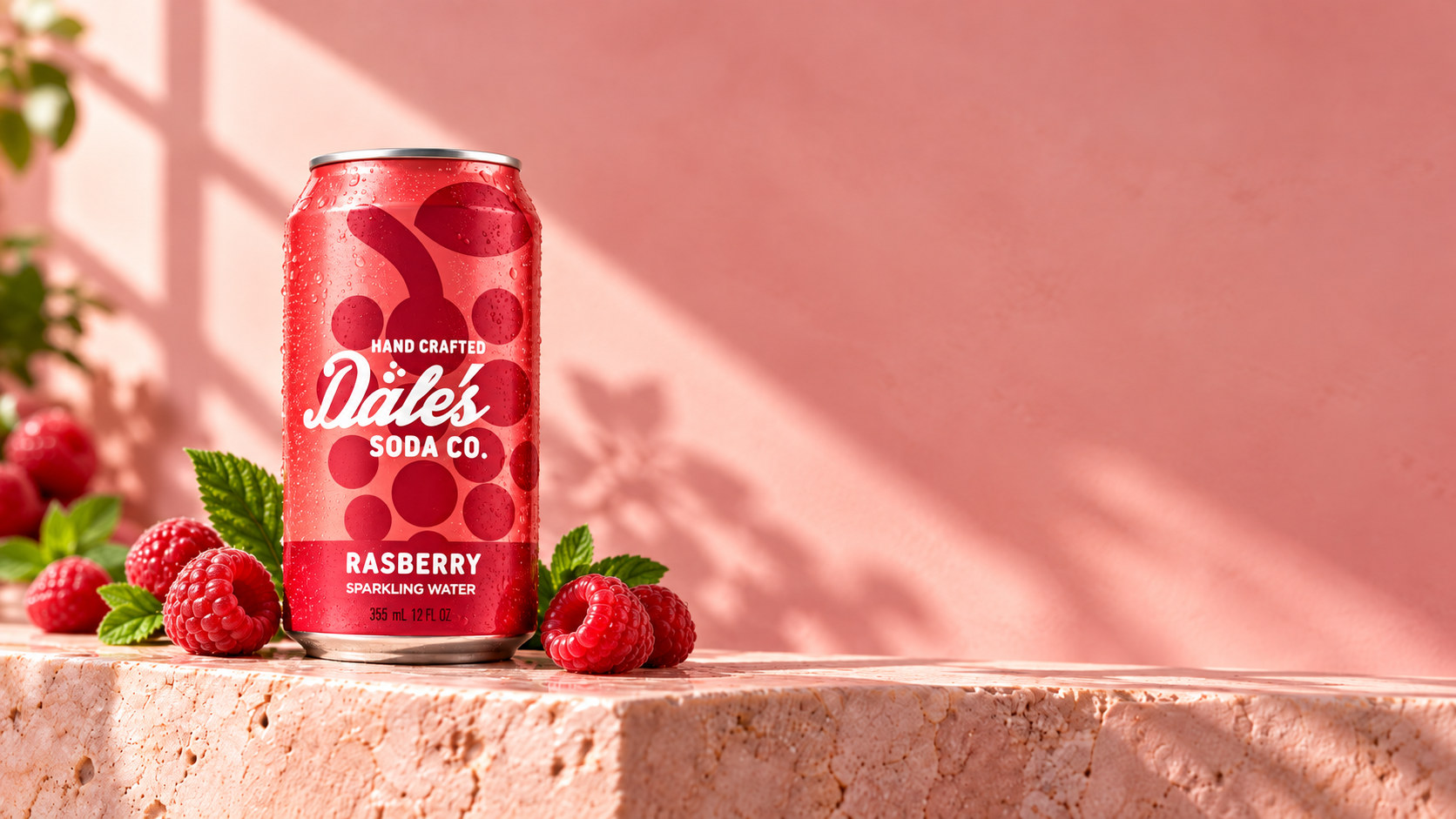 A Raspberry can of Dale’s Soda Co. sparkling water on sunlit pink stone with fresh raspberries