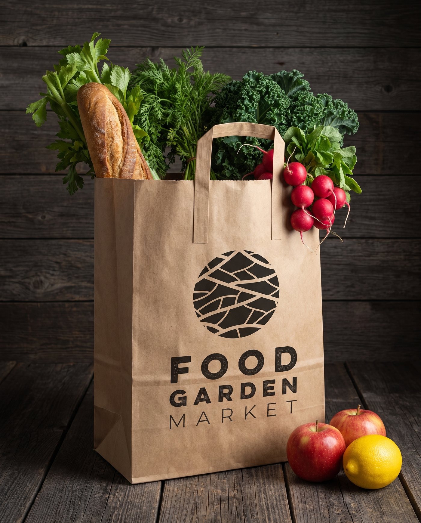 A kraft grocery bag printed with the Food Garden Market logo, full of produce