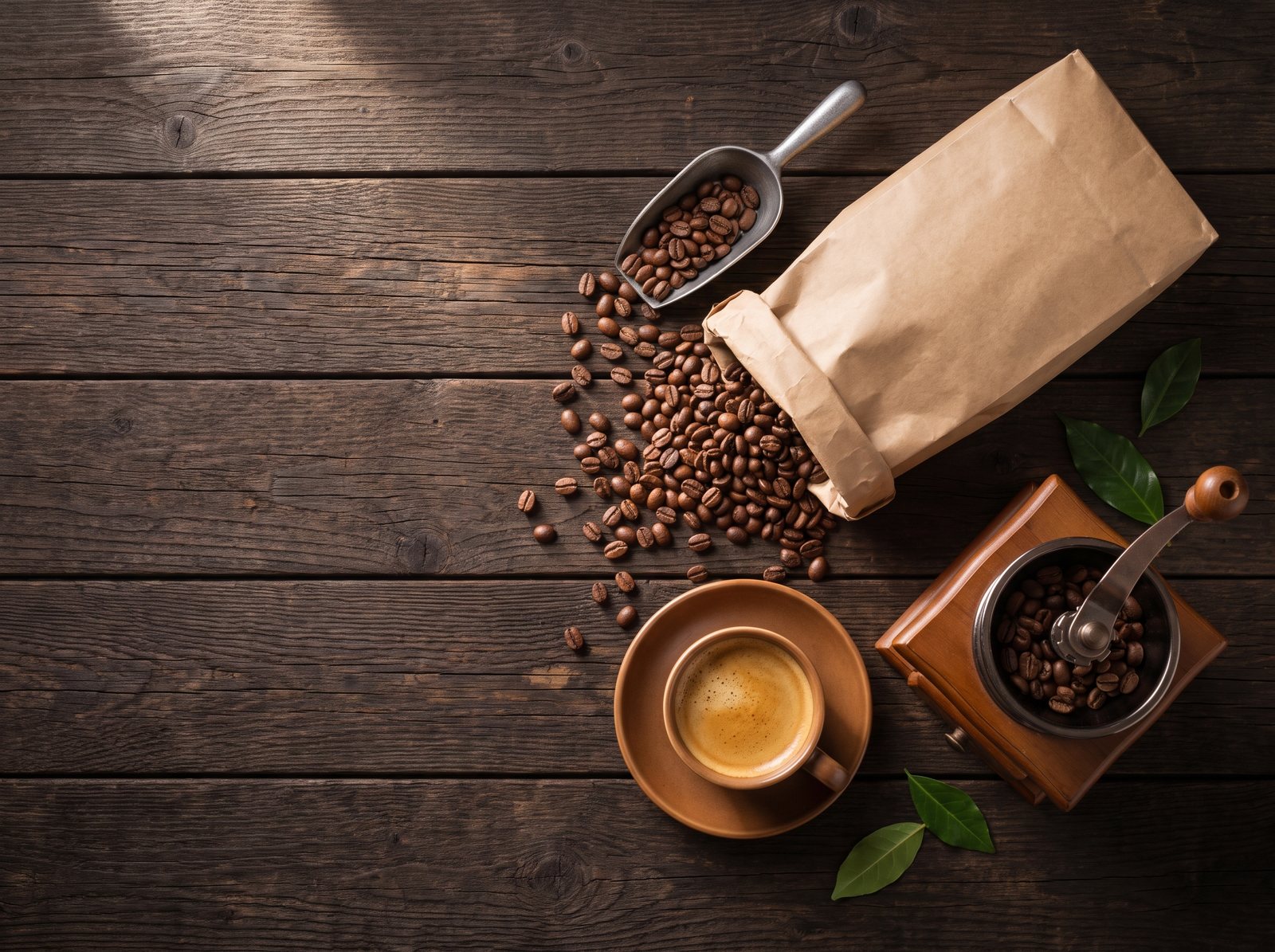 A kraft bag of roasted coffee beans, a scoop and an espresso on dark wood