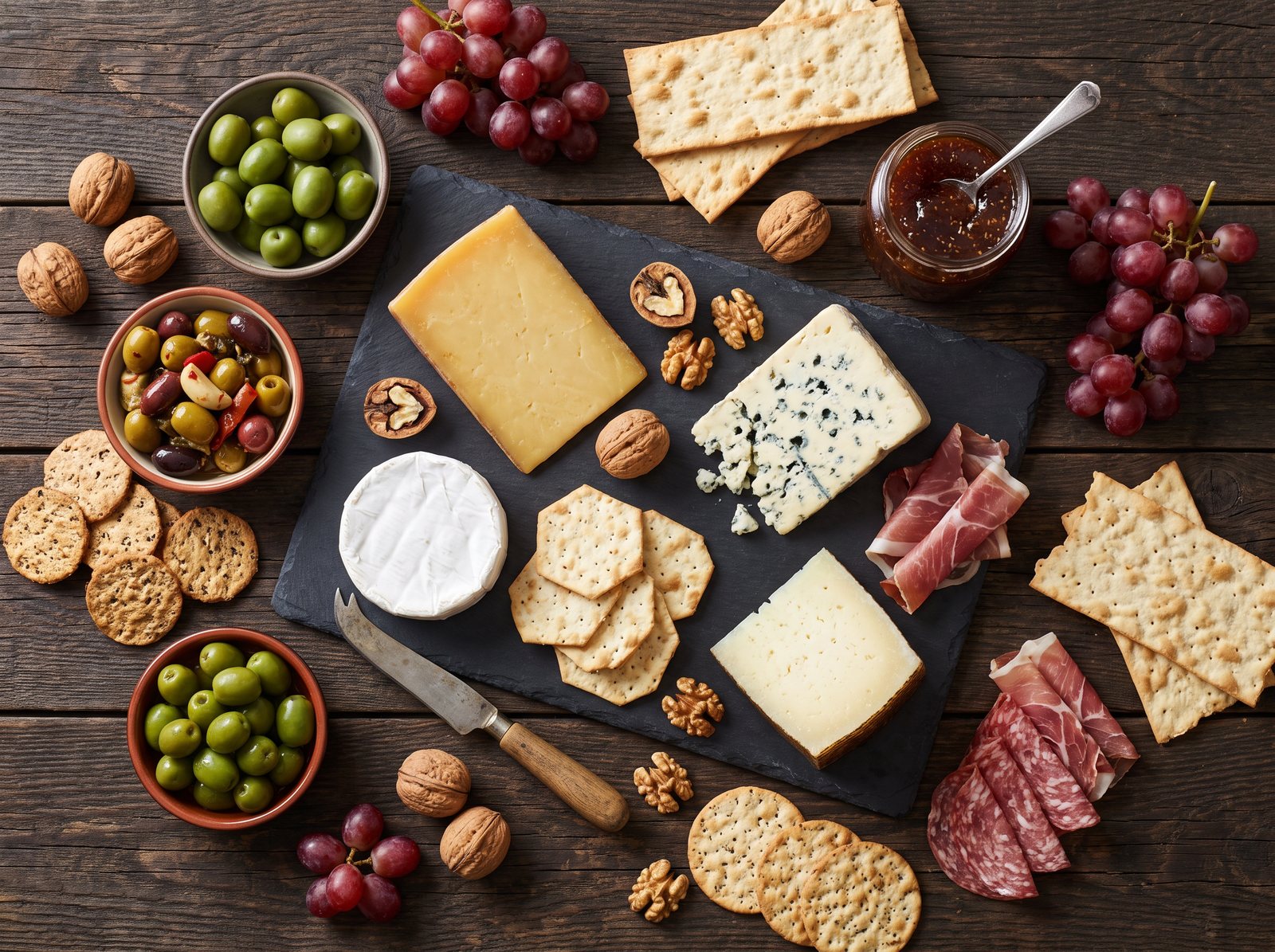A cheese and olive platter