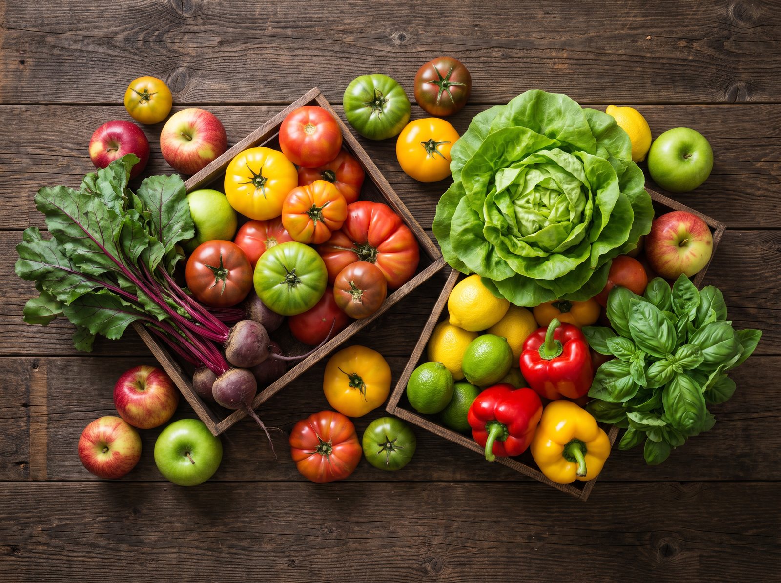 Fresh produce in wooden crates on dark wood