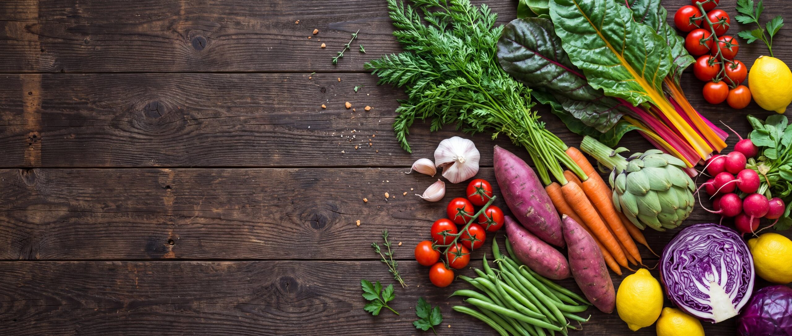 Market produce on dark reclaimed wood: chard, carrots, peppers, artichoke, radishes