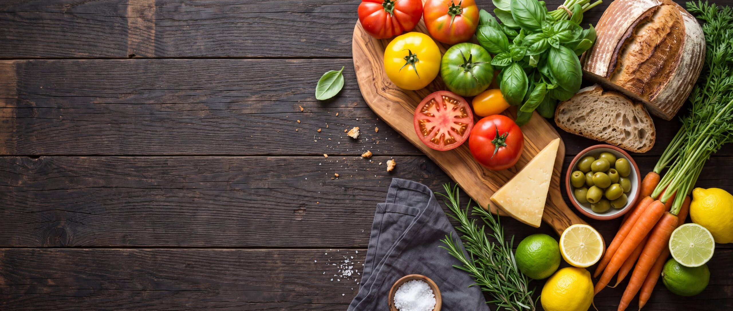 A market spread on dark wood: heirloom tomatoes, basil, sourdough, cheddar, olives, carrots and citrus