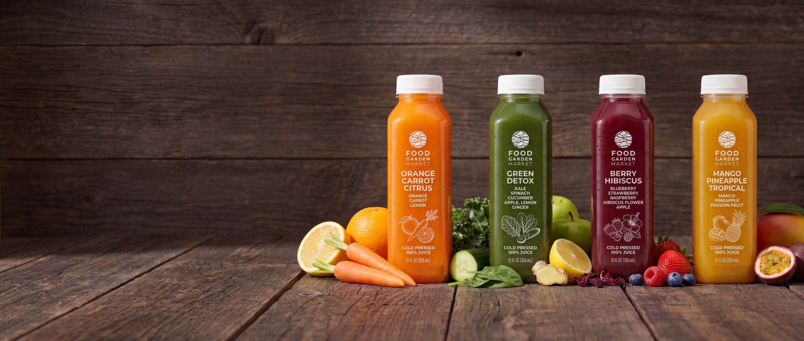 Food Garden Market cold-pressed juice in four flavours, on dark wood