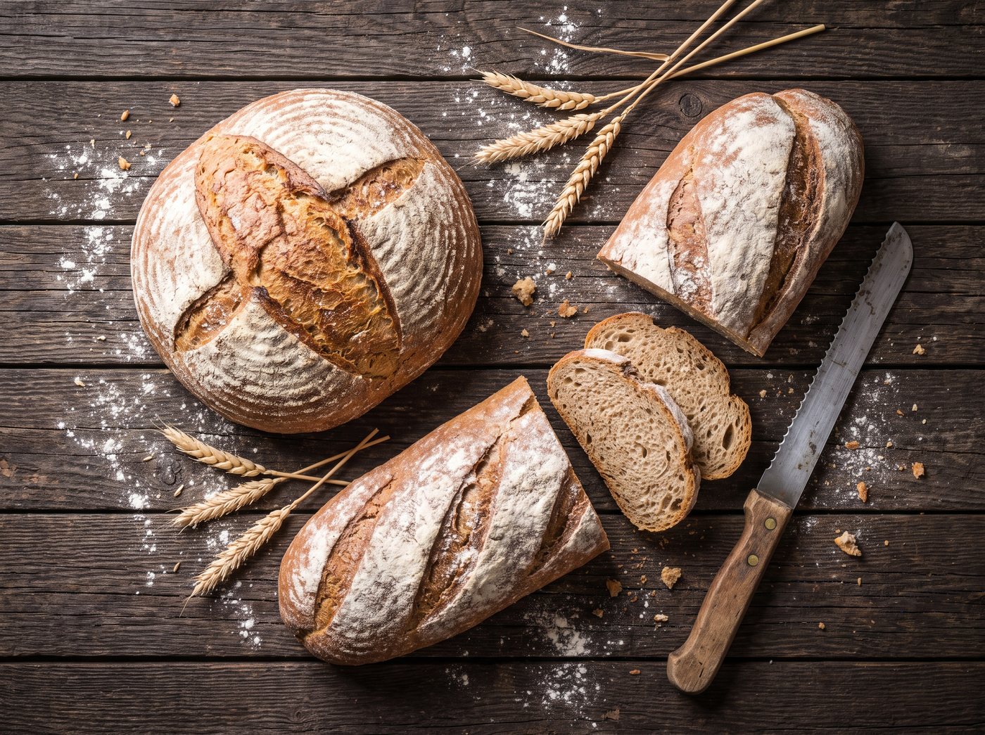 Two sourdough loaves with flour and a bread knife