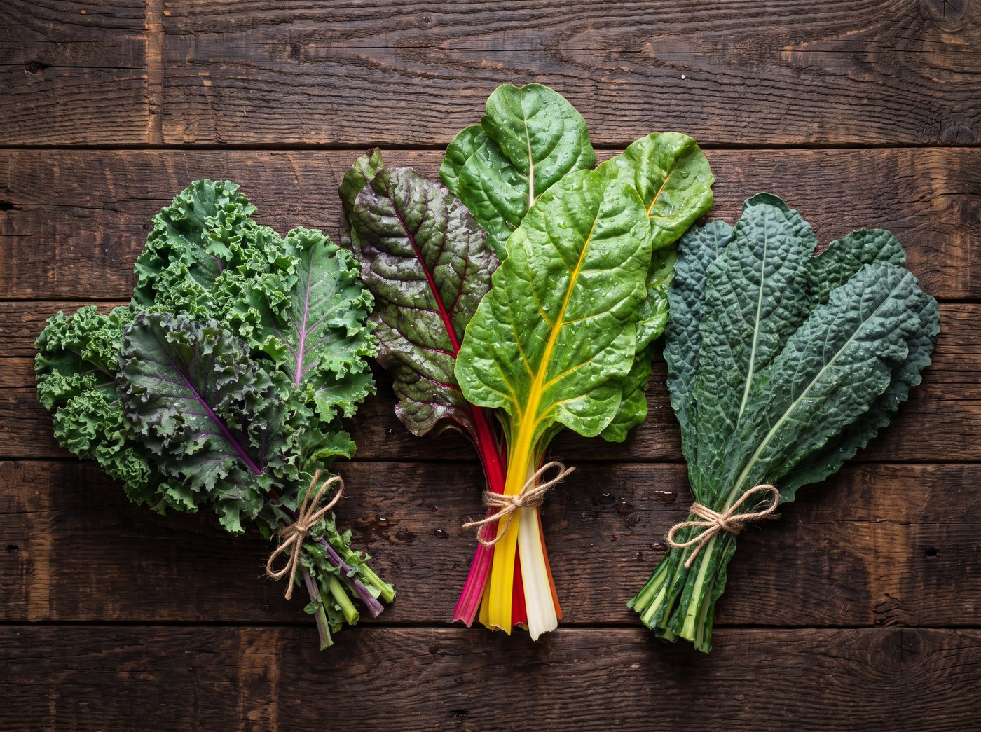 Bunches of curly kale, rainbow chard and lacinato kale