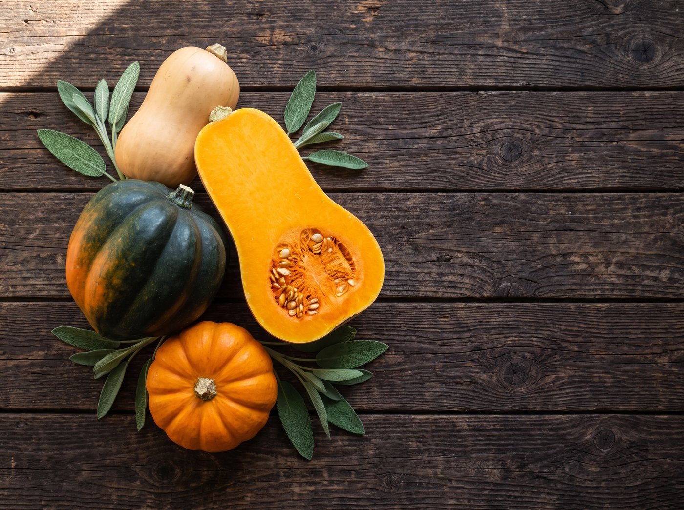 Butternut squash, acorn squash and a small pumpkin