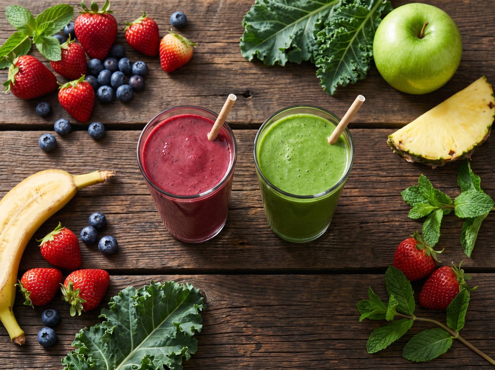 A berry smoothie and a green smoothie with their fruit on dark wood