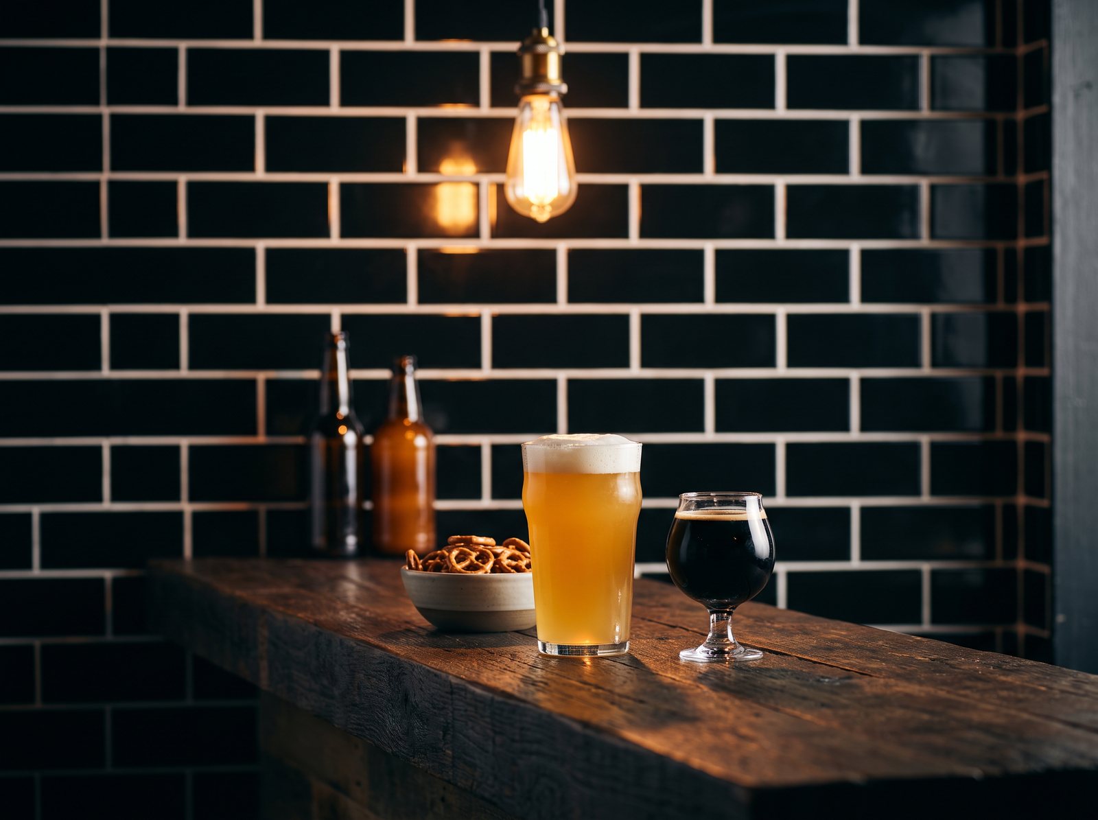 A pint of hazy pale ale and a small stout on a dark wood bar in front of black subway tile